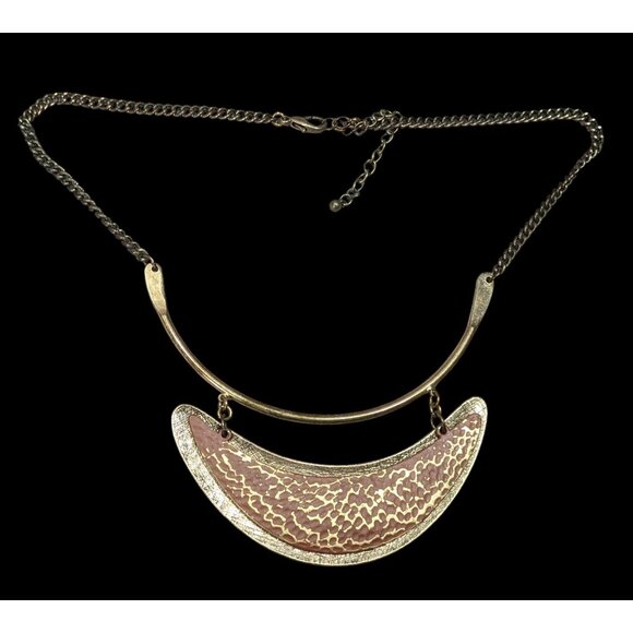 Brutalist Distressed Gold Tone And Brown Statement Necklace - Picture 1 of 8